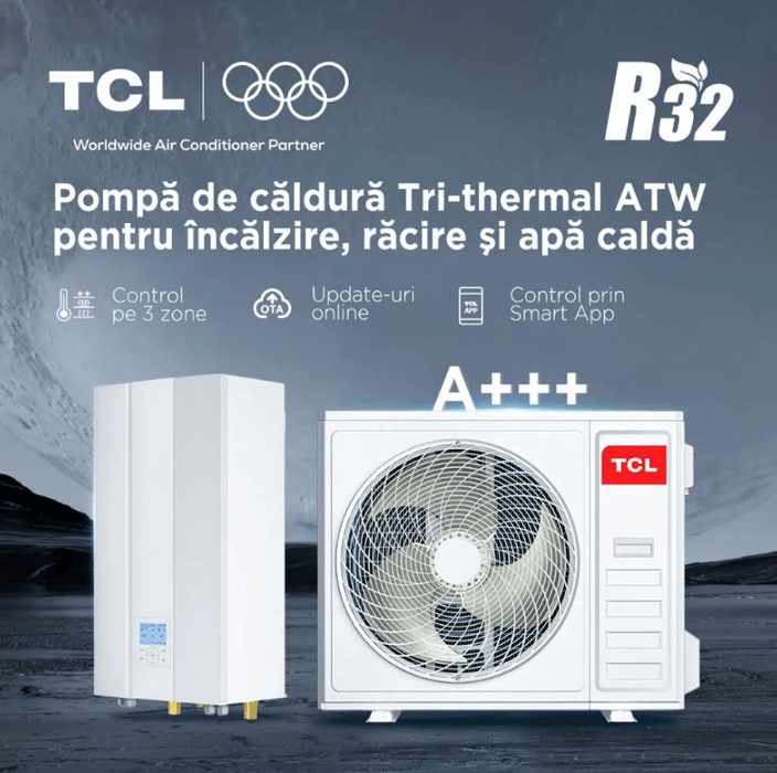 Pompa de caldura split TCL Tri-thermal R32 14kW A+++, incalzire, racire si apa calda menajera, cu incalzitor electric 3kW, 3 Zone control, WiFi, protectie inghet in 3 etape, monofazata SMKLd-16D/3HBp-A / THF-14D/HBpO-A