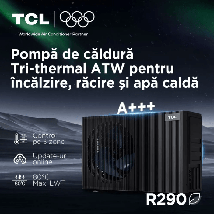 Pompa de caldura monobloc TCL Tri-thermal R290 12kW A+++, incalzire, racire si apa calda menajera, cu incalzitor electric 3kW, 3 Zone control, WiFi, protectie antiinghet in 6 etape, monofazata