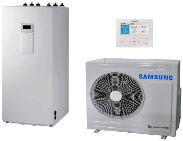 Pompa de caldura aer-apa Samsung ClimateHub 9kW pentru incalzire, racire si apa calda menajera, boiler incorporat 200L, split, monofazata